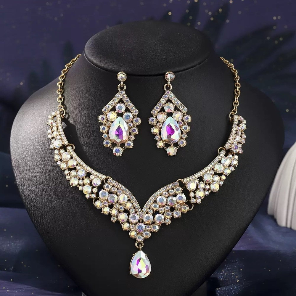 Gold-Tone Iridescent Teardrop Crystal Necklace & Earrings